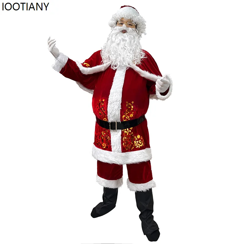 أزياء كوسبلاي للجنسين سانتا كلوز التأثيرية أزياء أداء عيد الميلاد ملتحية رجل عجوز مرحلة تظهر فستان مخملي ذهبي