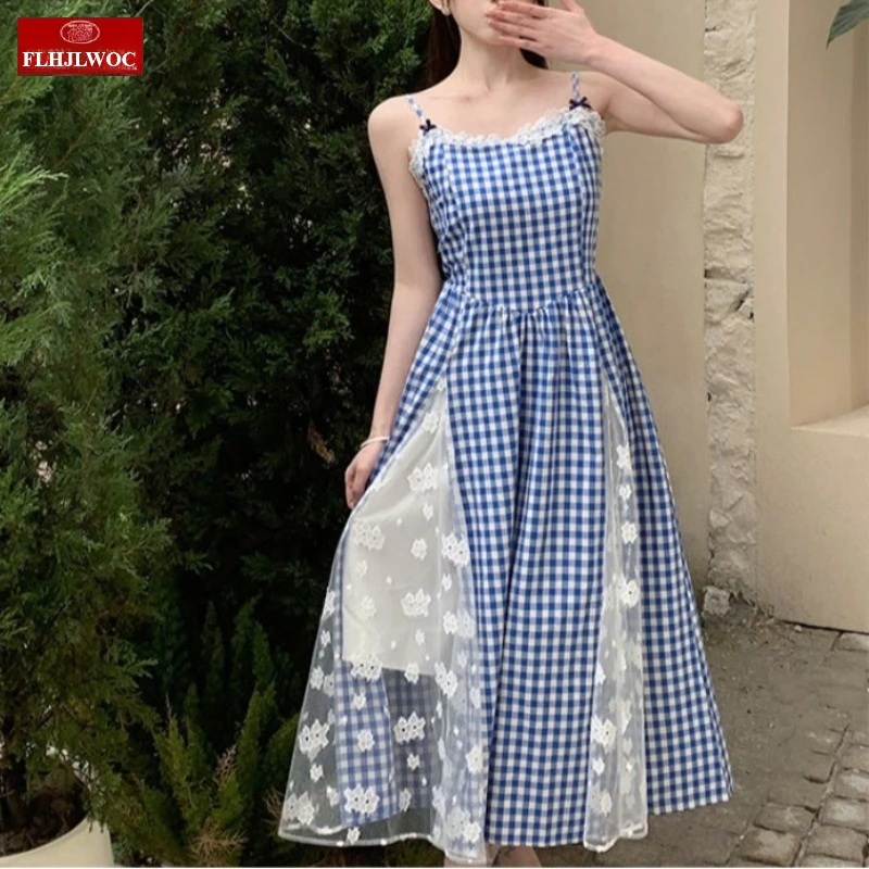 Vestidos a cuadros rojos de estilo francés, nuevo diseño, bonito y dulce para mujer, vestido sin mangas de malla transparente de encaje blanco con tirantes finos