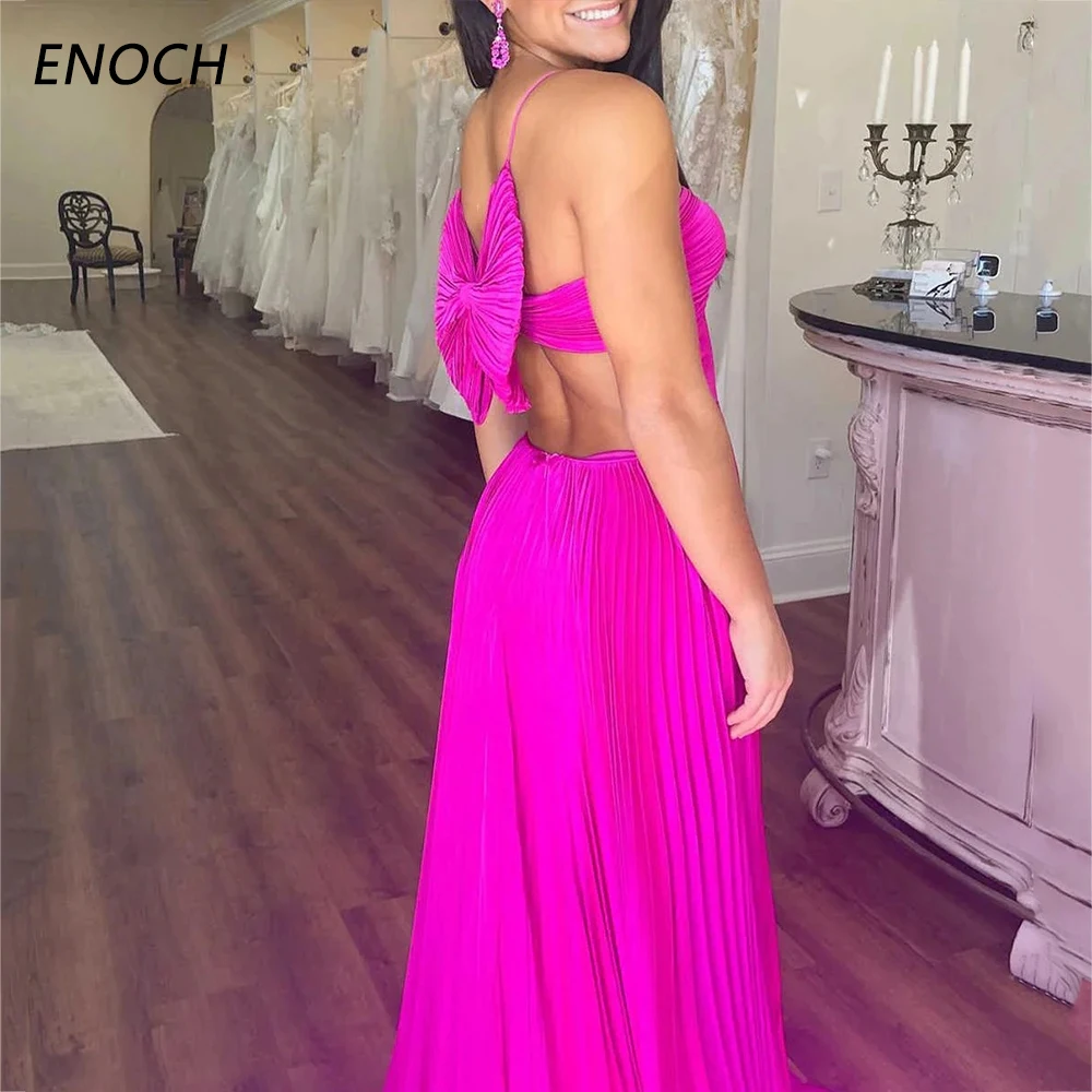 ENOCH-Simples A-Line Prom Vestidos com Bow, Strapless, Backless, até o chão, plissado, Chiffon Party Gown, alta qualidade