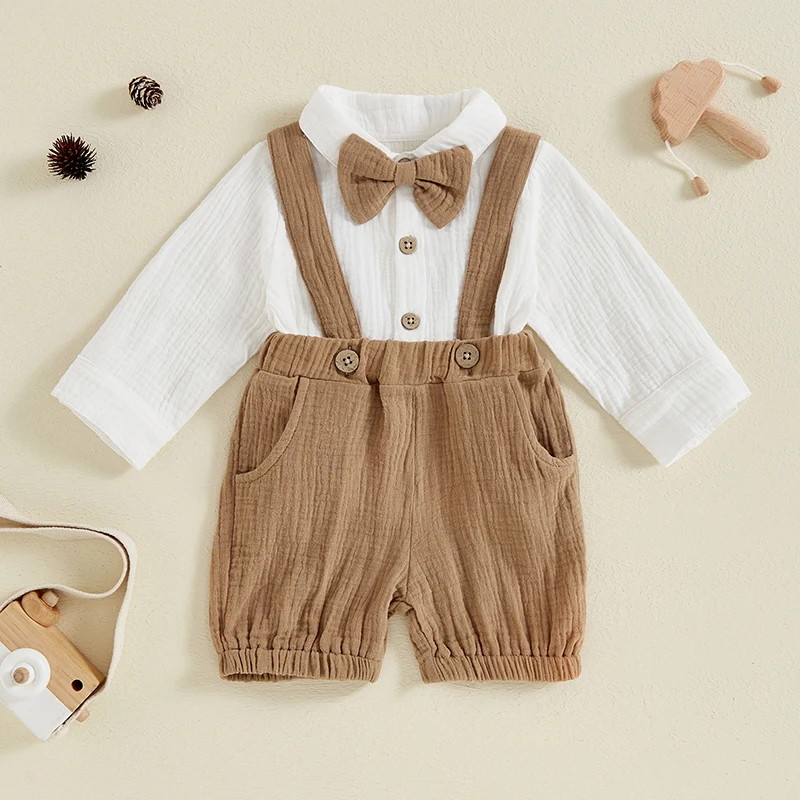 

2024-05-07 Lioraitiin Toddler Boys Shorts Set, Long Sleeve Bow Tie Shirt with Solid Overall Shorts Fall Outfit