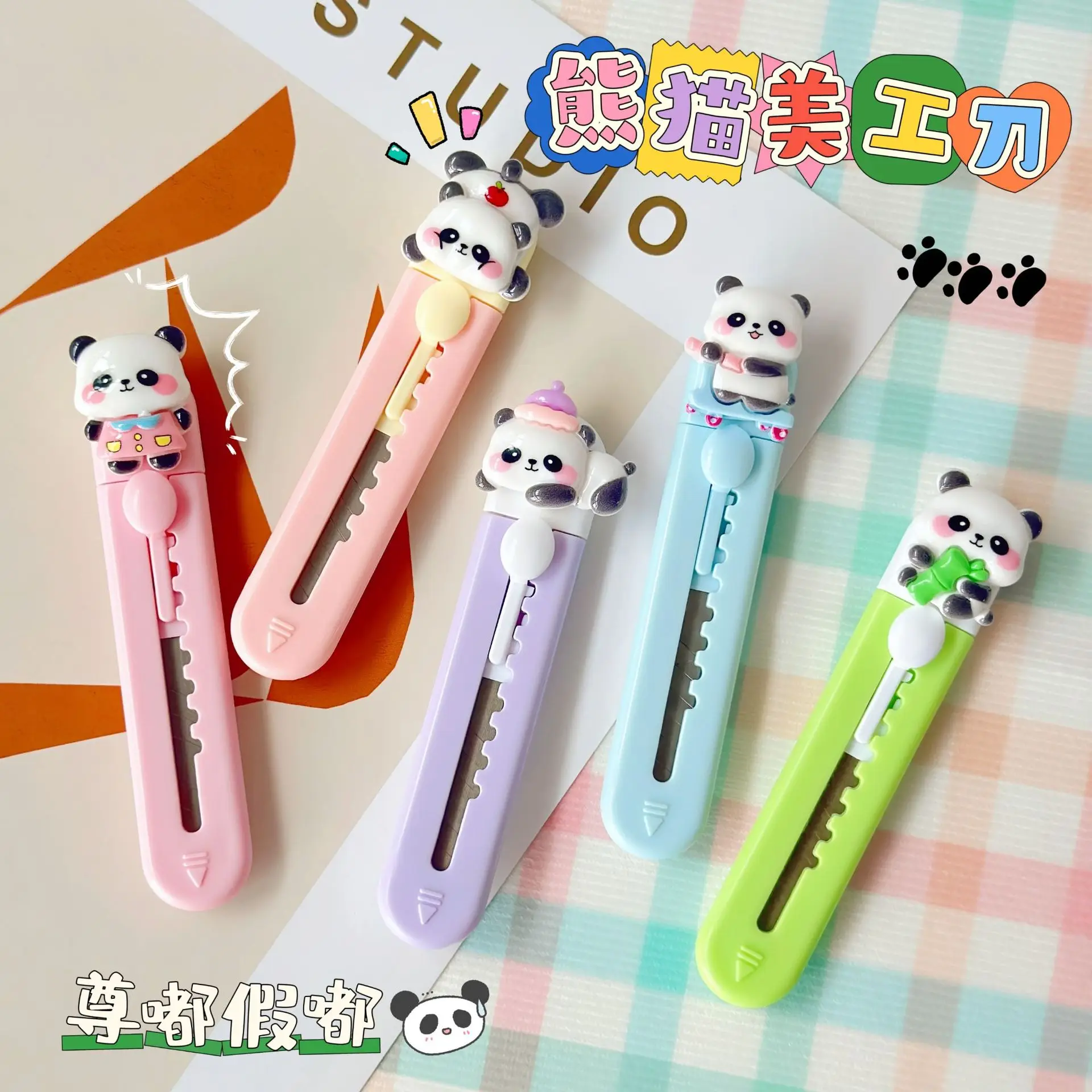 Cute Panda Utility Knife Macaron Color Mini Paper Cutter Wallpaper Box Cutter for Student Art Handmade DIY Craft Cutting Tools