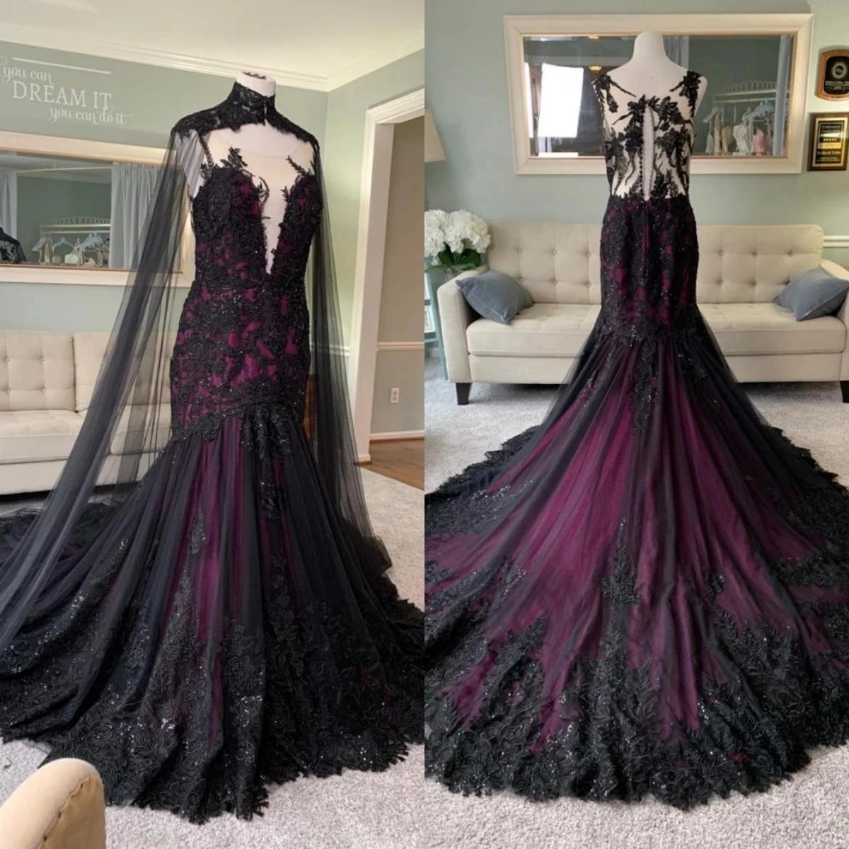 Vintage Black and Purple gothic Wedding Dresses with Cape Illusion Back Fishtail lace applique Mermaid Bridal Gown