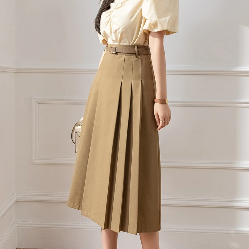 Korean Fashion Women\'s Pleated Long Skirt With Belt 2023 Elegant Casual Big Swing Office Work Saias Longas Female Khaki