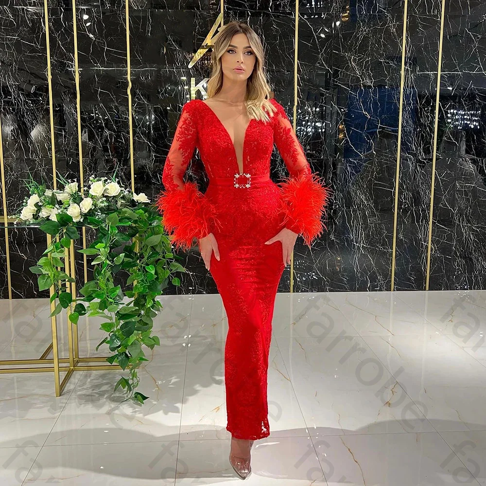 Customized Sexy Red Feather Evening Dresses Lace Beading V Neck Short Crystals Mermaid Ankle Length Formal Party Prom Gowns