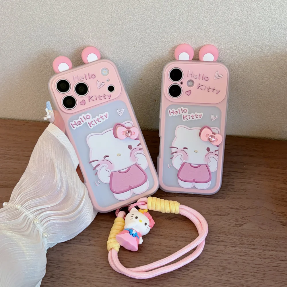 Coque de protection d'objectif 3D Sanrio Hello Kitty avec oreilles de lapin pour iPhone 13 14 16 15 17 Pro Max 17 Air avec cordon anti-chute