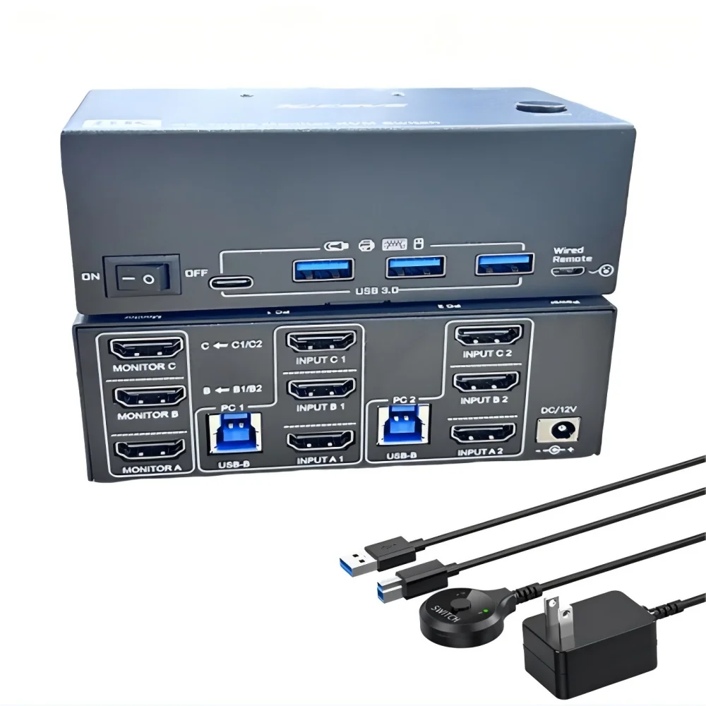 USB 3.0 KVM Switch 3/2 شاشات 2 أجهزة كمبيوتر 8K@60 هرتز/4K@120 هرتز، HDMI KVM Switch لـ 2 قطعة مشاركة لوحة المفاتيح المزدوجة/الثلاثية
