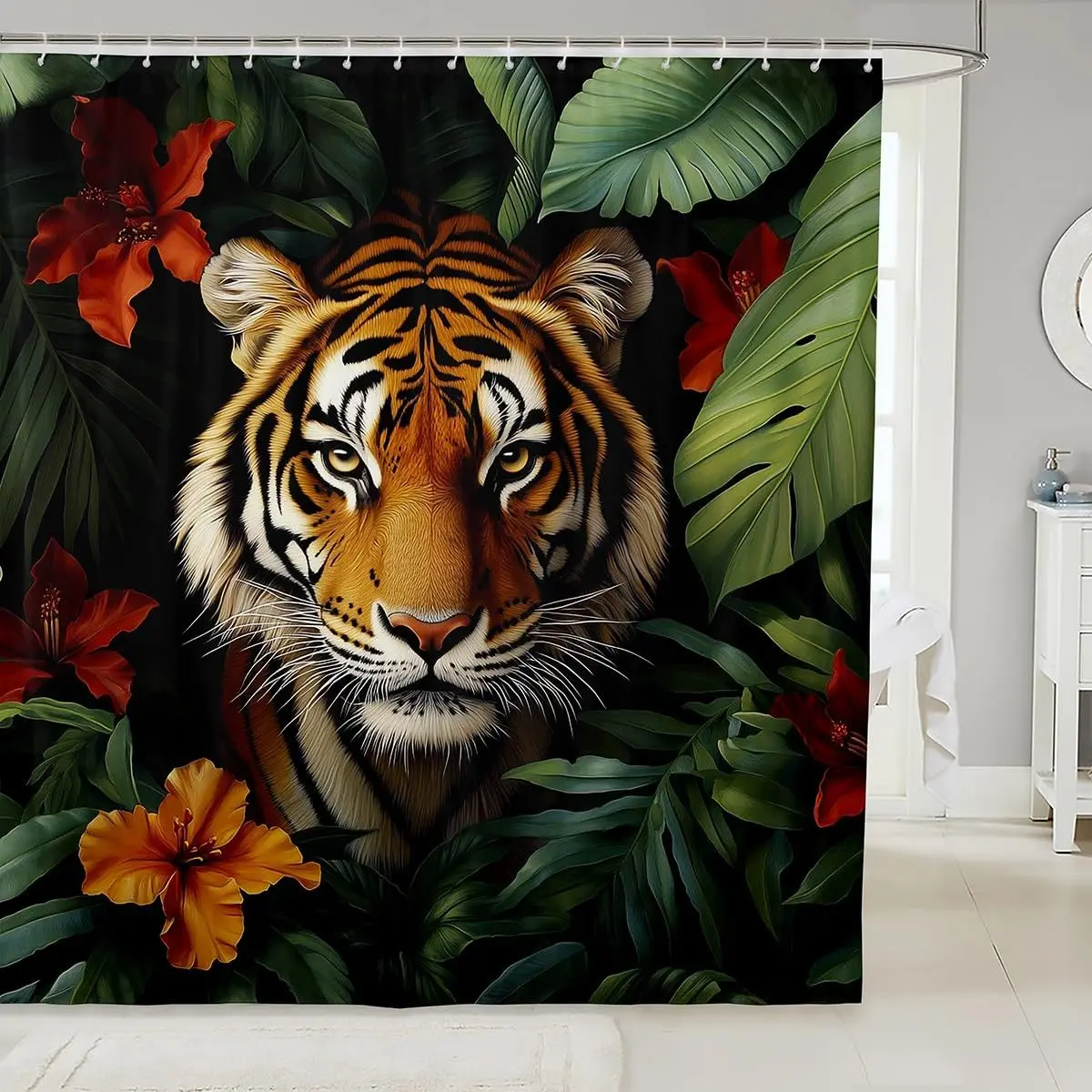 Luxury Tropical Jungle Tiger Safari Shower Curtain Waterproof Boho Bathroom Decor Exotic Wildlife Animal Print Curtain