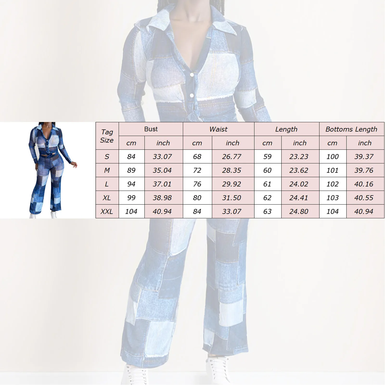 Plus Size Fashion Fake Jean Printied Women\'s Set Long Sleeve Shirt and Flare Pants Street Two 2 Piece Sets Outfit Tracksuit