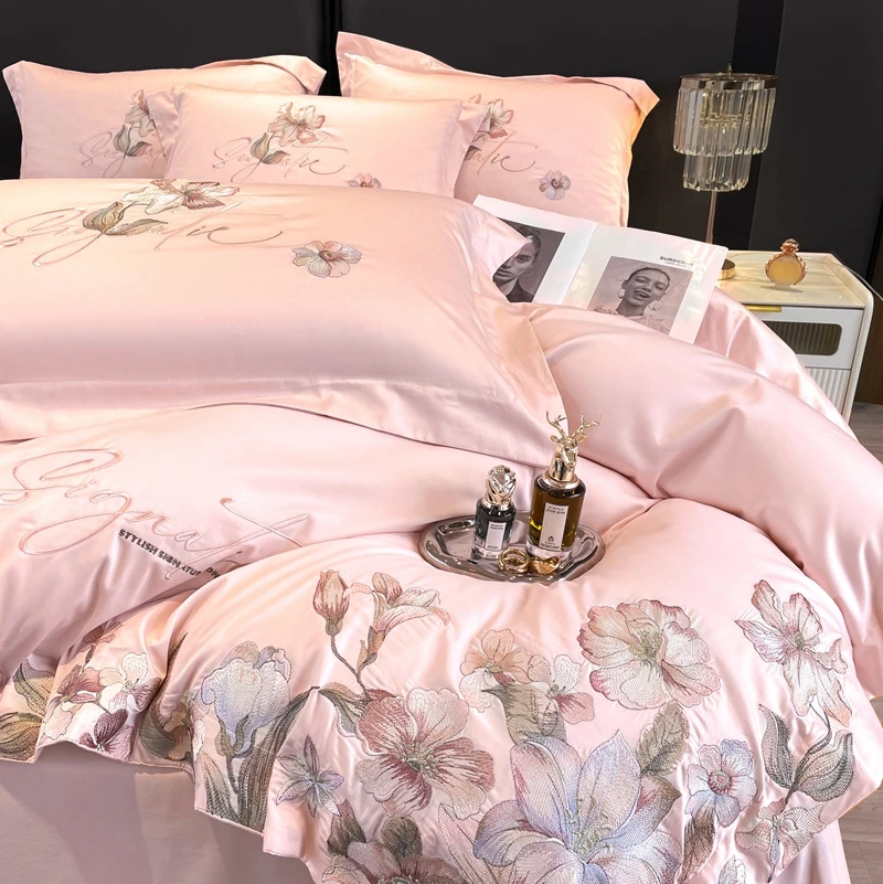 Pink Embroidered Cotton Bedding Set Duvet Cover Linen Fitted Sheet Pillowcases Home Textile