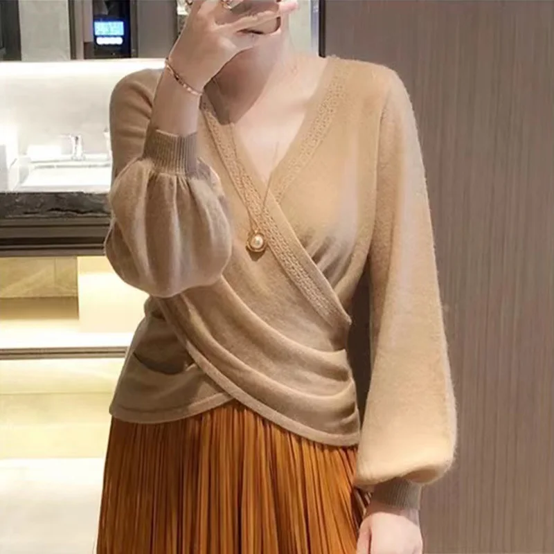 

Ele Cross V-Ne шерстяной трикотаж женский Faion Slim Fit Lantern Sve верхний свитер осень Sle удобный длинный све