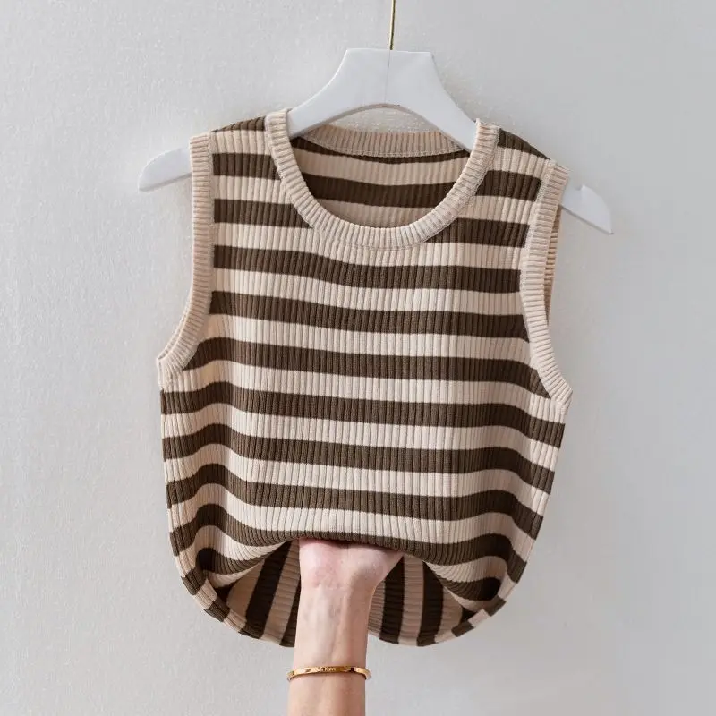Summer Women\'s Clothing Pullover Screw Thread Round Neck Contrast Color Striped Casual T-shirt Fashion Trendy Classic Tops
