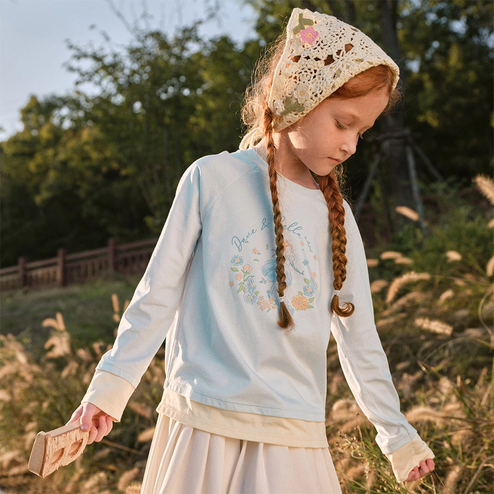Dave Bella Girls Spring Autumn T-Shirt Fake Two-pieces Printed Top Children Sweet Undershirt Casual Outdoor Clothes DK1260862