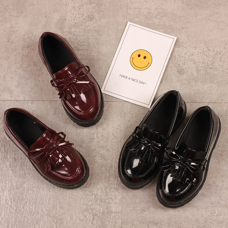 Girls Casual Leather Shoes Kids Flats Tassels with Bow-knot British Style Soft Slip-on Loafers for Wedding Party Bright Skin New