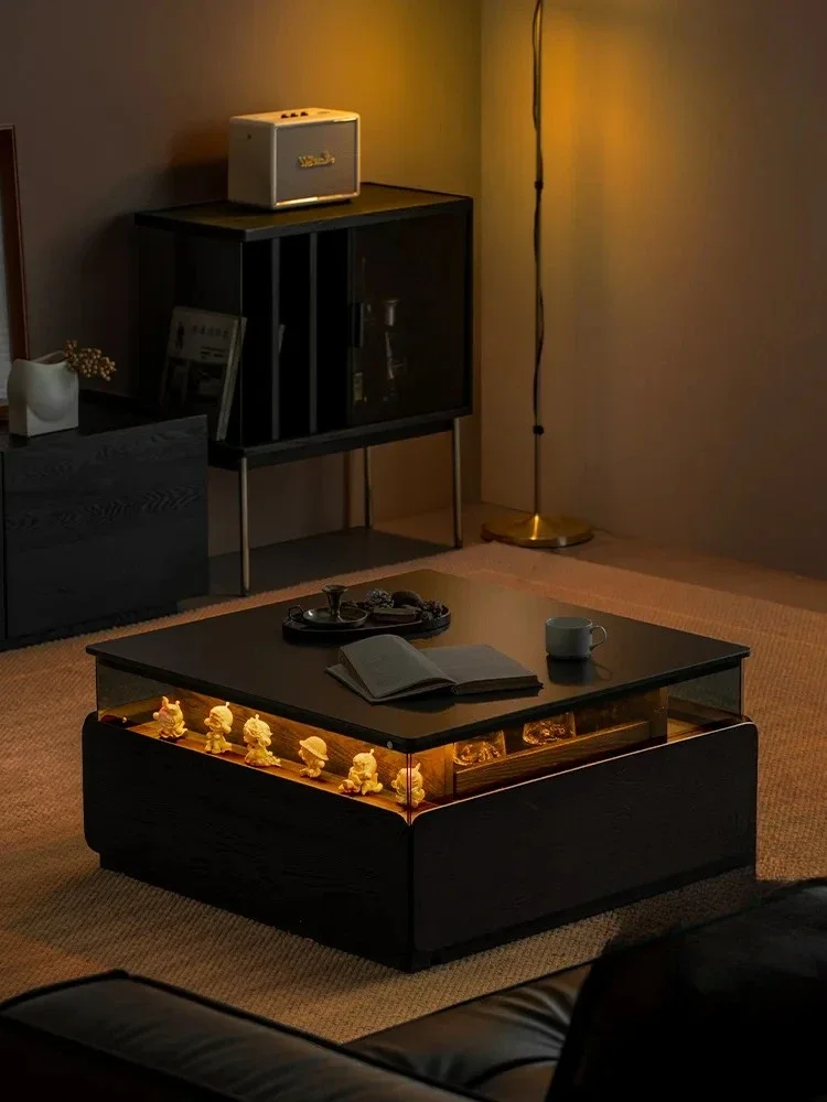 Square Slate Coffee Table, Lighting Atmosphere, Solid Wood Belt, Black, Modern Minimalist Furniture