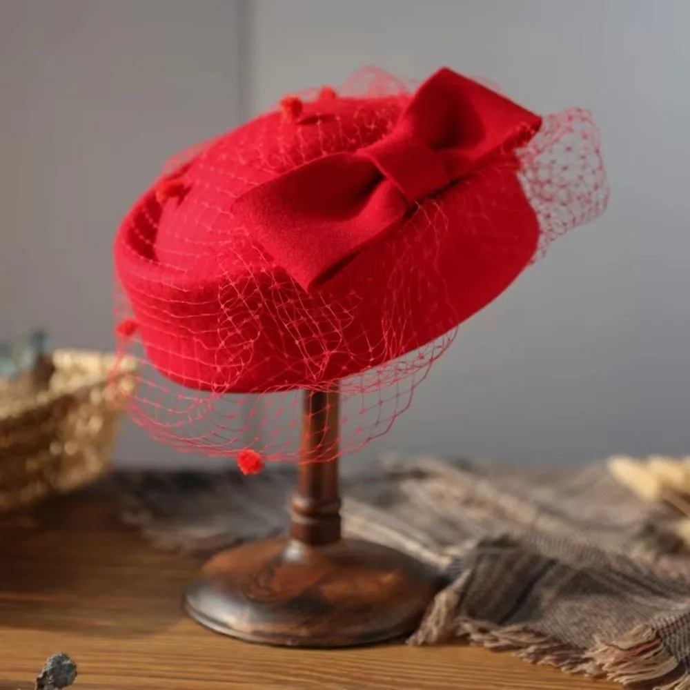 Fashion Elegant Mesh Wool Jazz Hat Warm Woolen Breathable British Style Hat Bowknot Veil Hat Autumn Winter view 5