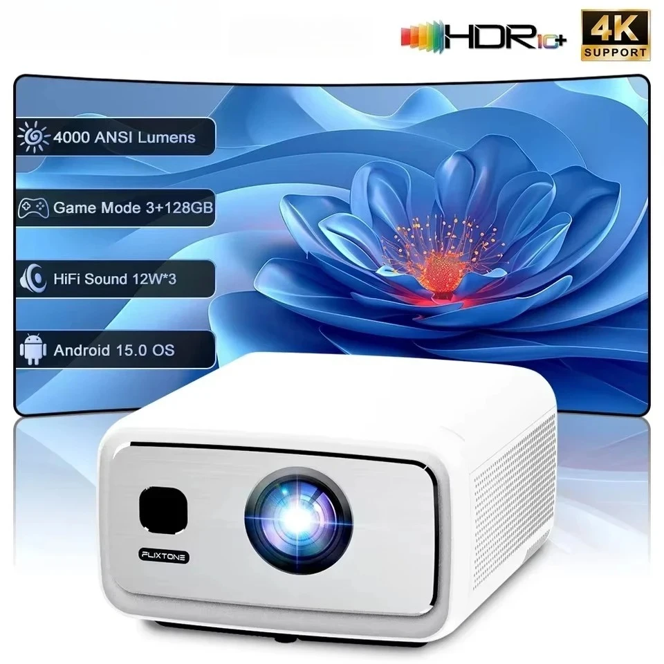 

4000 ANSI Lumens Full HD 4K D10S 5 Inch LED LCD Mini Projector Android 15 Portable Indoor/Outdoor 12W*3 Speaker Game Party Movie