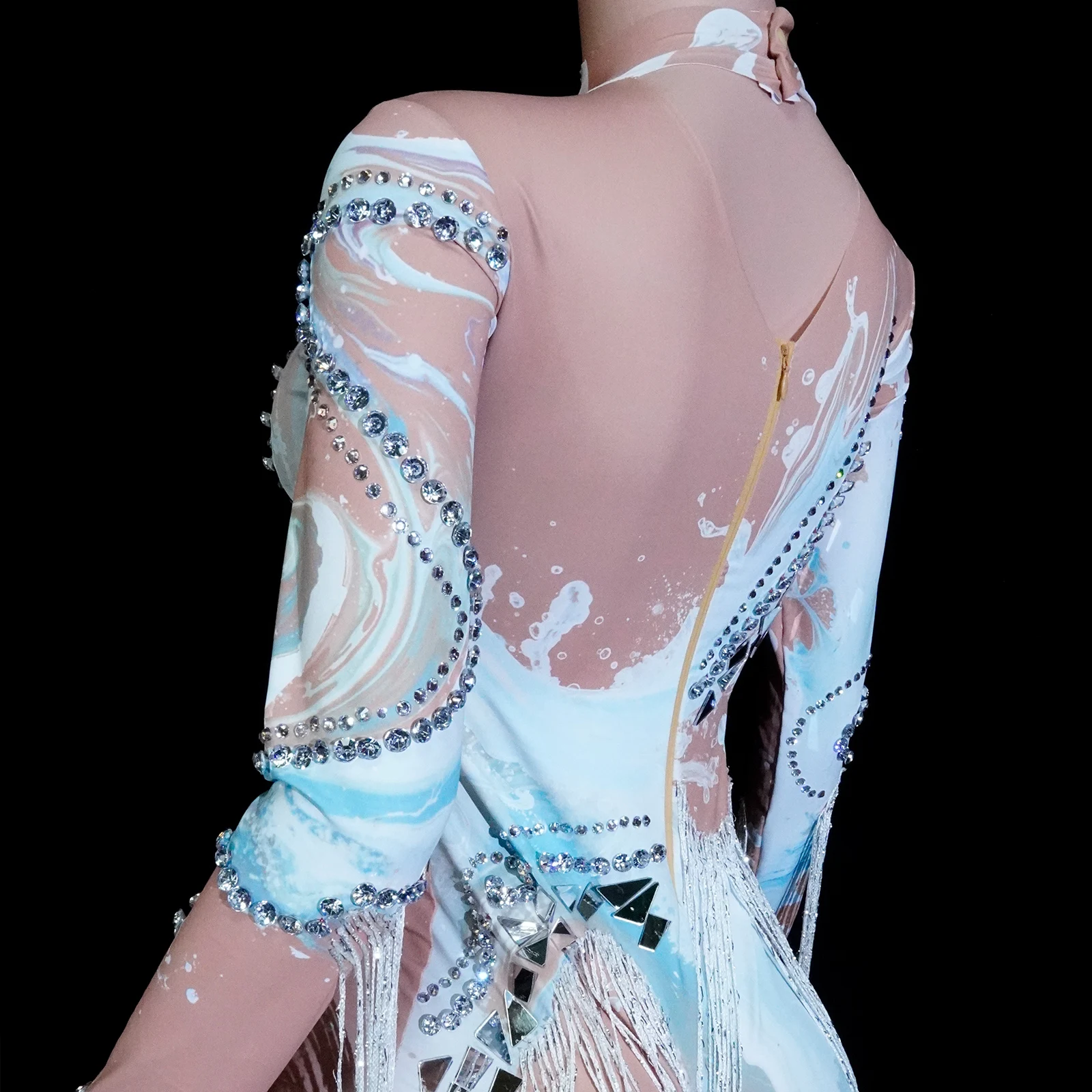 GOGO-Body blanco con borlas y diamantes de imitación elásticos para mujer, traje de cantante, Bar, club nocturno, Showgirl, disfraz de Drag Queen