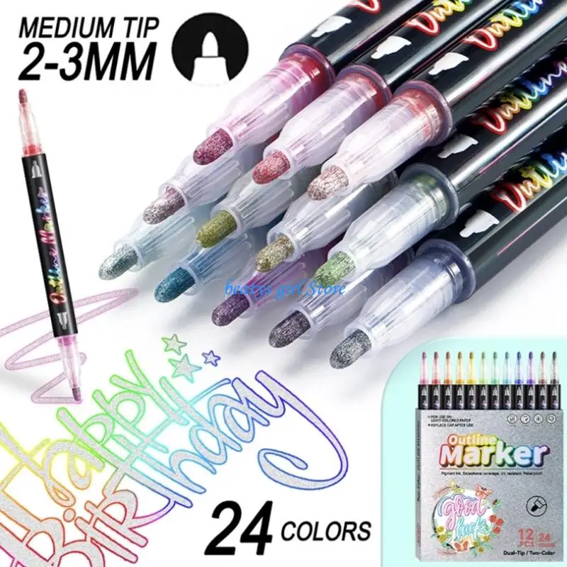 C7AB 12 Colors Outline Marker Pens Metallic Glitter Pens Double Line Outline Pens Set for Gifts Card, Drawing & Art Crafts