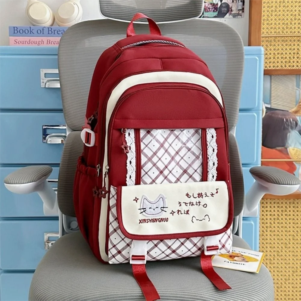 Nylon Hollow Lace Backpack Preppy Style Color-blocked Large Capacity School Bag Durable Transparent Cat Plaid Backpack Shopping