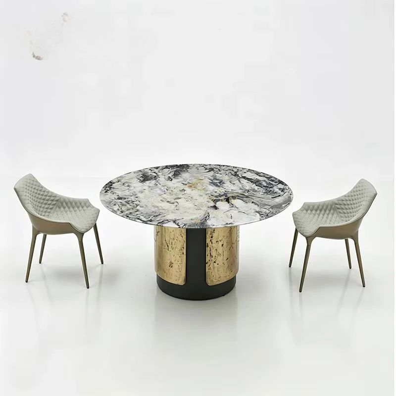 Blue Gray Marble Round Dining Table Gold Hammered Cylinder Metal Base Kitchen Living Room Restaurant Marble Dining Table