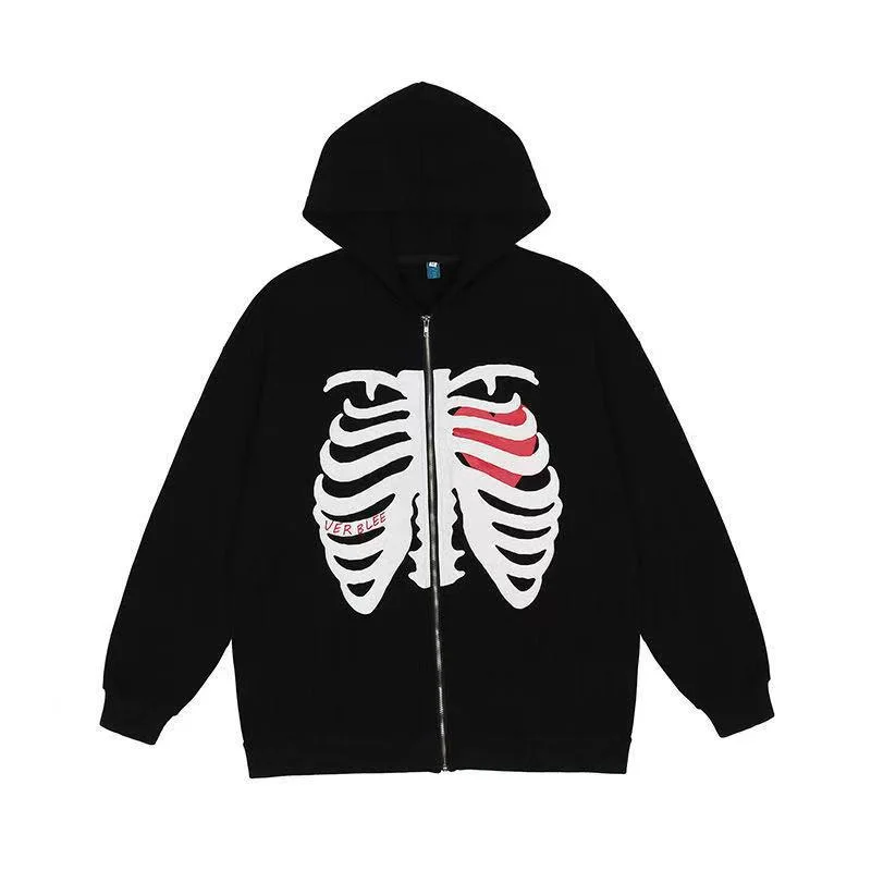 Hip Hop Street Casual Printed Female Hoodies Oversize Loose Bone Dark y2k zip-up Fleece Hoodie Sweatshirt