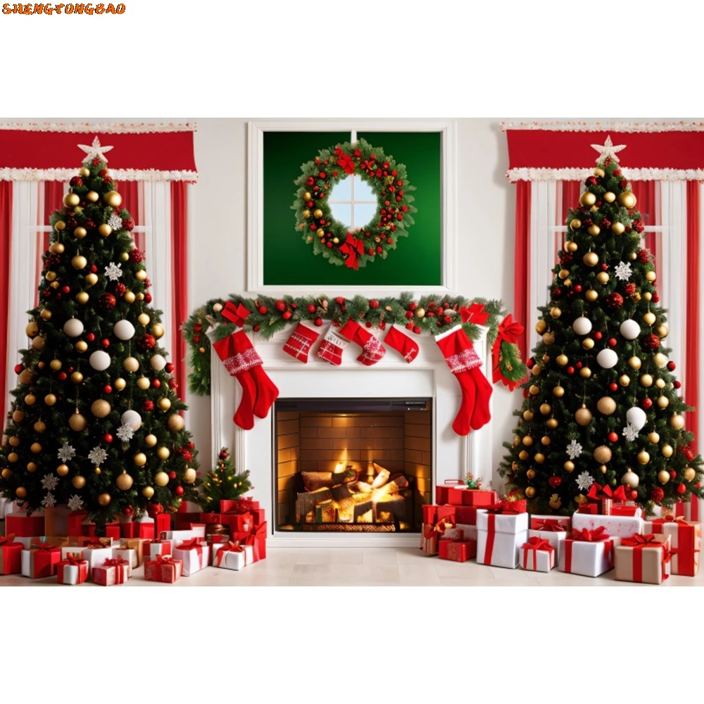 Рождественский камин фон зима снег Рождественская елка окно сарая дверь семейная вечеринка фон для фотосъемки Декор реквизит для фотостудии
