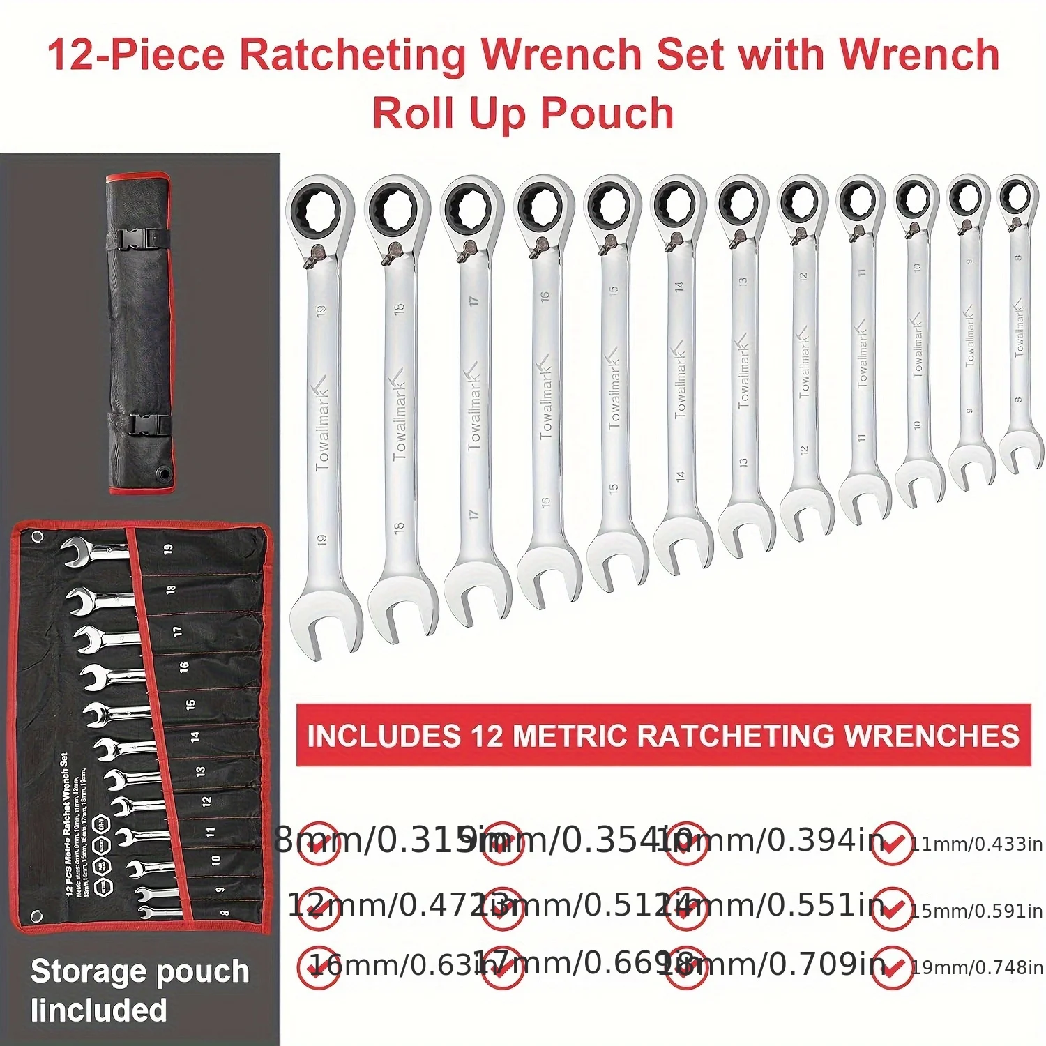 12Pcs Wrench Set Reversible Ratcheting Combination Set Metric 8mm-19mm 72 Teeth Cr-V Steel Ratchet Wrenches Set with Storage Bag