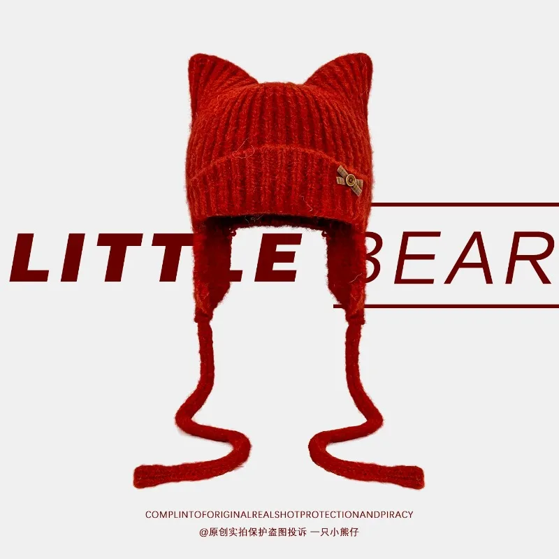 Cute Cat Ear Earflap Beanies for Women Winter Warm Knit Hats with Long Braided Rope Sweet Bow Decor Ladies Daily Headwear