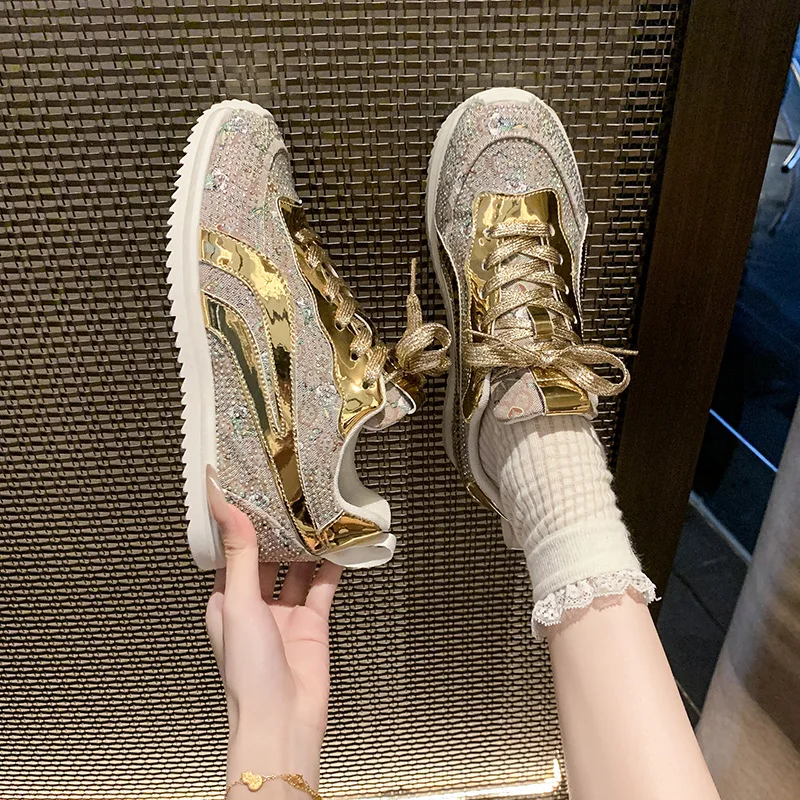 2026 Spring Autumn New Women's Fashion Sequin Decorated Anti-Slip Sports Shoes Breathable Casual Thick-soled Casual Sports Shoes