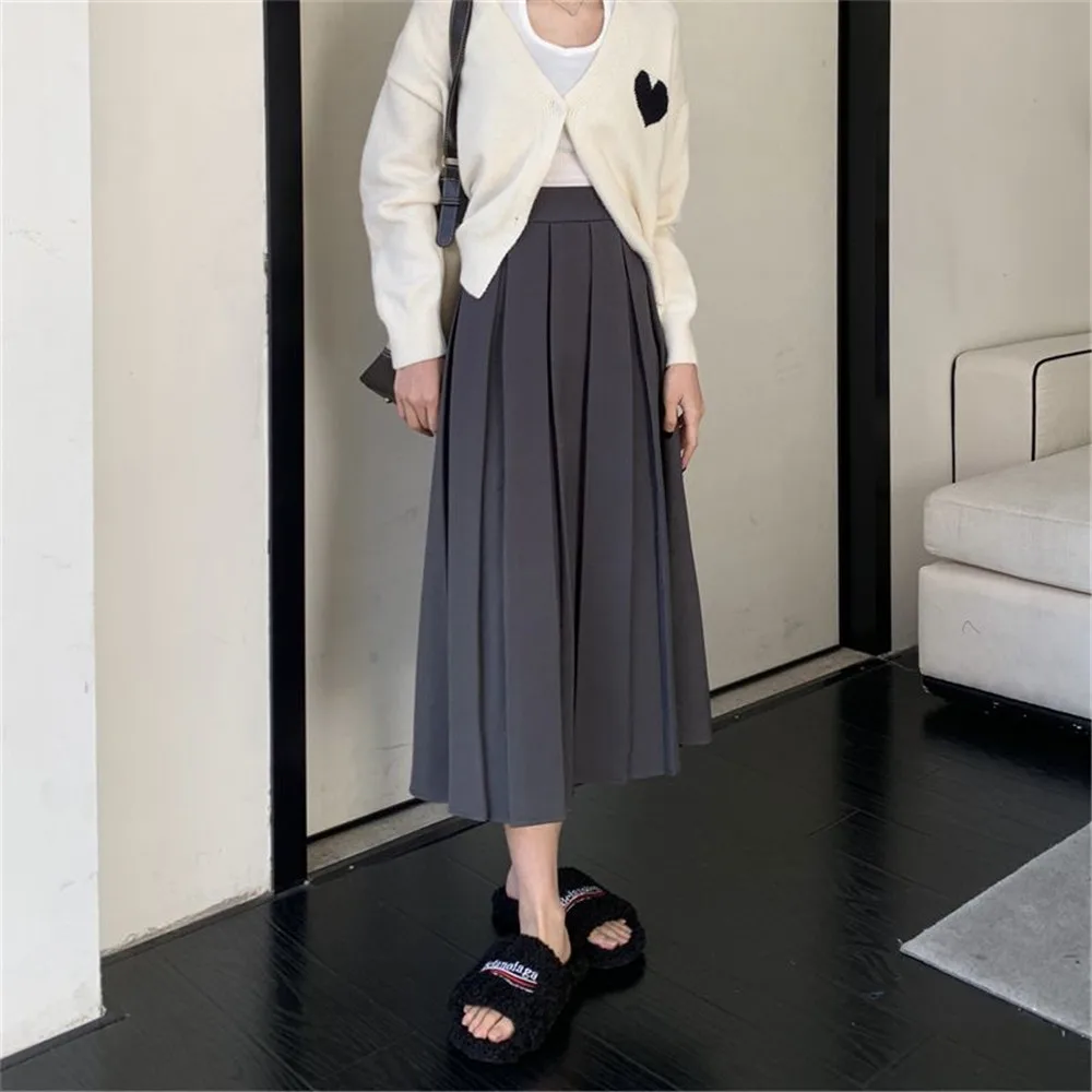 Students Long Pleated Skirt Women Brown Korea Fashion Autumn High Waist Black Midi Skirt Preppy Elegant A Line Girls Skirts Gray