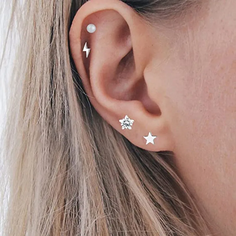 5PCS Star Tragus Stud Earring Set Heart Small Stud Set Lobe Piercing Cartilage Stud Helix Jewelry Cz Barbell Piercing Earrings