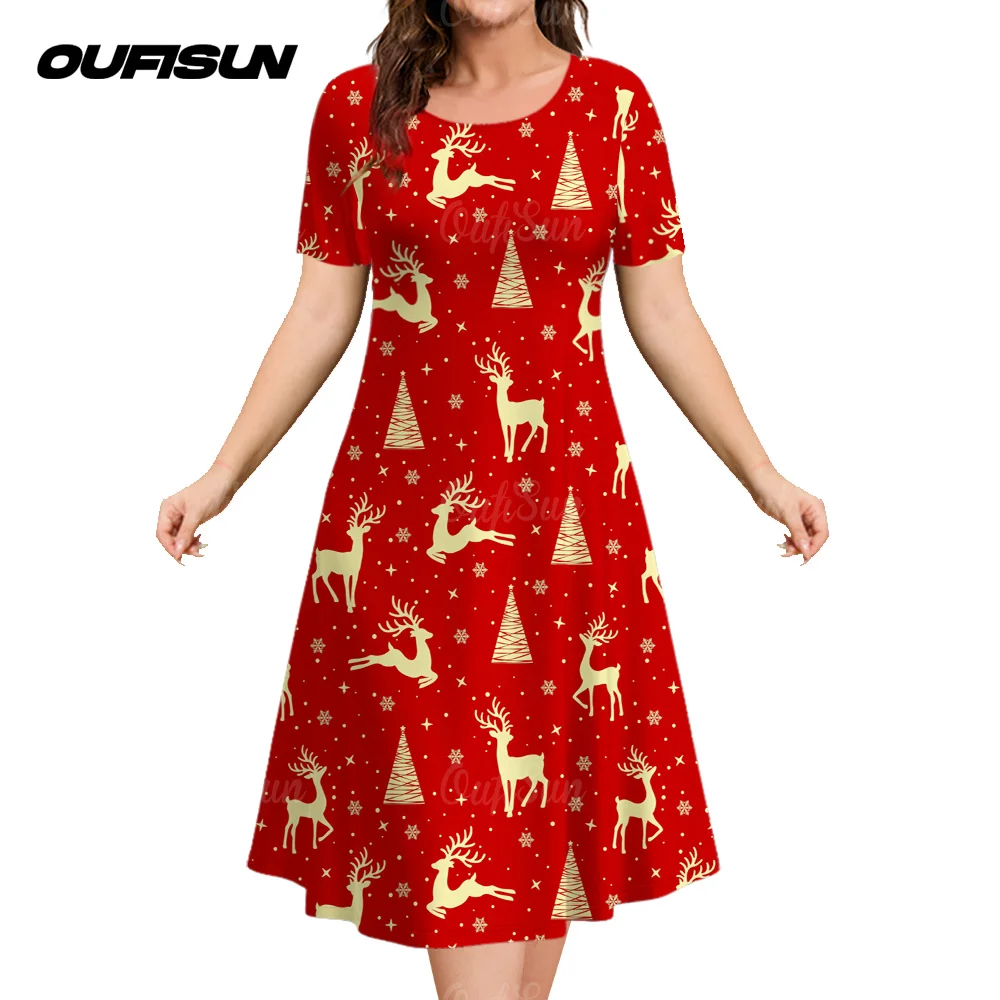 Women's Red Elk Deer Short Sleeves Dress Christmas Animal Print Summer Round Neck Clothing Fashion Casual Party Elegant Dresses