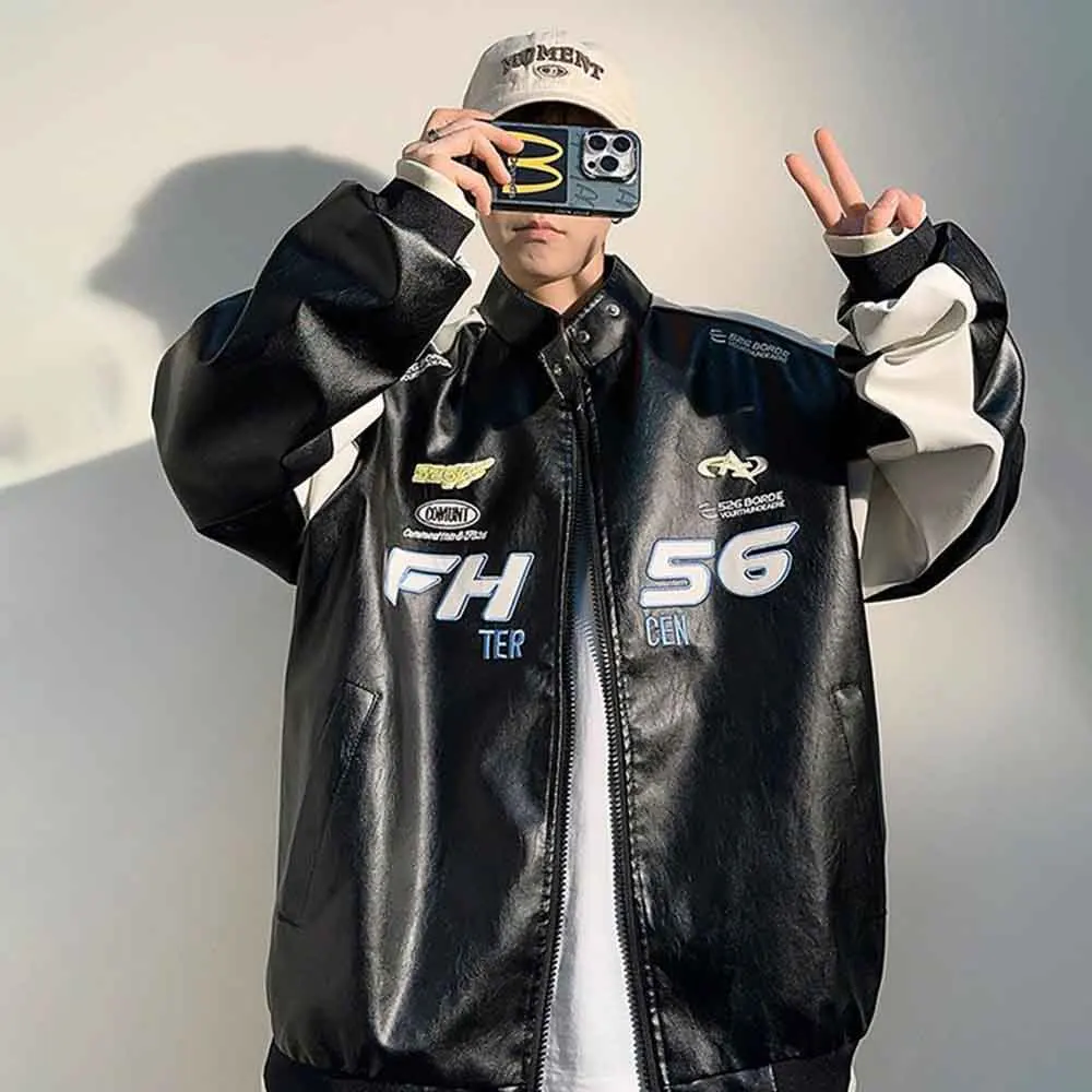 Men’s PU Leather Racing Jacket Oversized, Zip-Up Varsity Bomber Coat, Streetwear Motorcycle Style