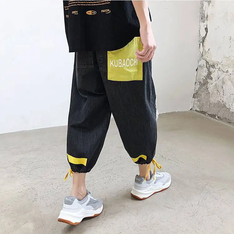 Hip Hop Ripped Denim Cropped Pants Streetwear Men Vintage Destroyed Hole Baggy Jeans Pants Summer Drawstring Loose Shorts
