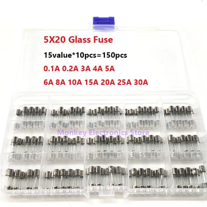 5X20 Fast blow Glass Tube Fuses Car Glass Tube Fuses Kit with Box Household Fuses 0.1A-30A 100/150pcs