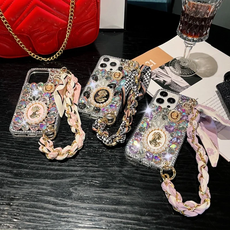 

Handmade Glitter Case with Silk Scarf and Wrist Strap, Gem Crystal Diamond Bling, Case for IPhone16 15 Pro, 11, 12, 13, 14 Plus