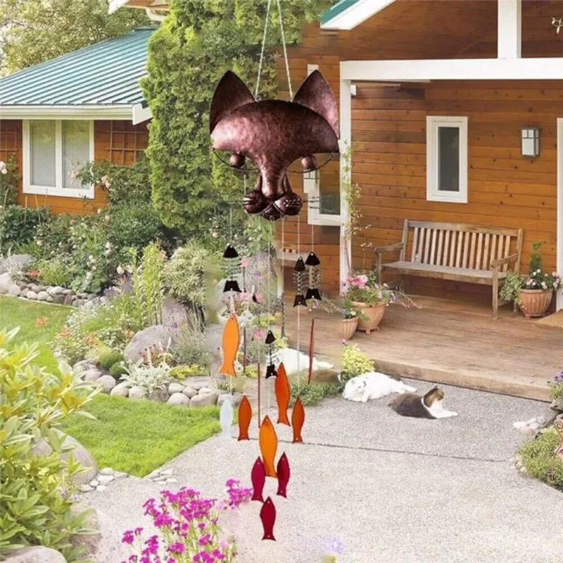 ABLG Metal Cat Fish Wind Chimes Fish Cat Cast Iron Wind Chimes Vintage Metal Wind Chimes Outdoor Soothing Melody For Garden
