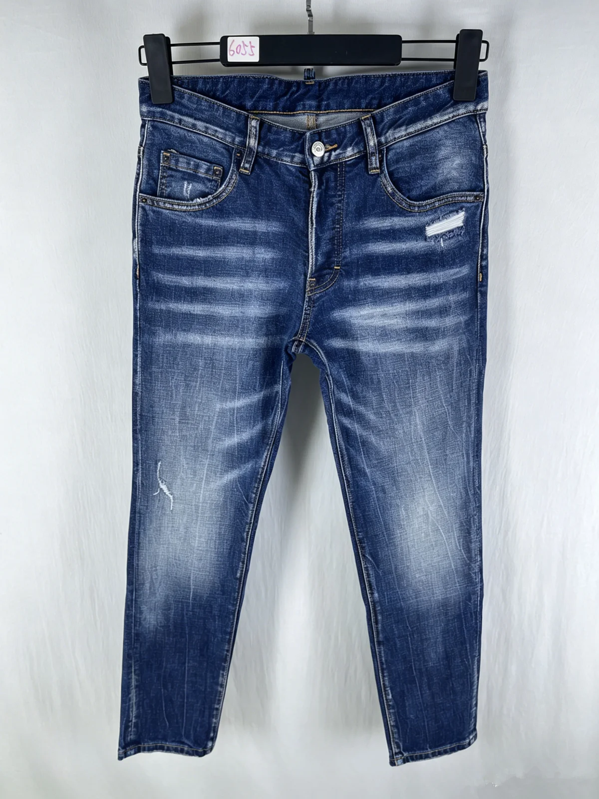 

6055 Four Seasons New Men's Washed Ripped Patch Stretch Slim Fit Skinny Feet Splash Ink Blue Jeans for Men