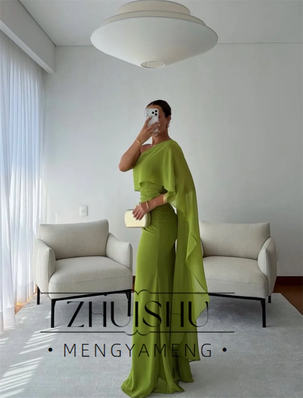 ZHUISHU Vintage Green Mermaid Evening Dress Women One-Shoulder Sleeveless Slit Formal Party Gown Vestidos De Noche Customized view 3