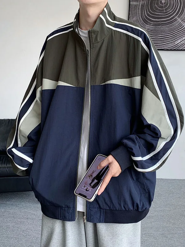 

American Casual Sports Stand Collar Jaet Men Spring Autumn Teenage Retro Color Blo Loose Zipper Coat Polyester Fabric