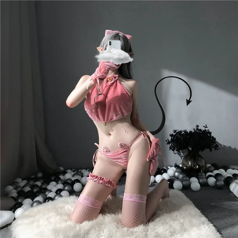 

Japanese Sexy Lingerie Bunny Girl Cosplay Costume Velvet Bellyband Pink Cute Cat Bell Underwear Set Maid Uniform With Gloves Set