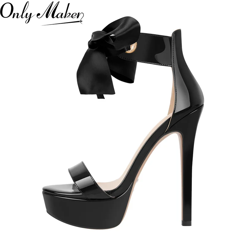 

Onlymaker Women's Sandals Platform Peep Toe Stiletto Single Band Patent Leather Ankle Buckle Strap Party Dress Summer Sandals