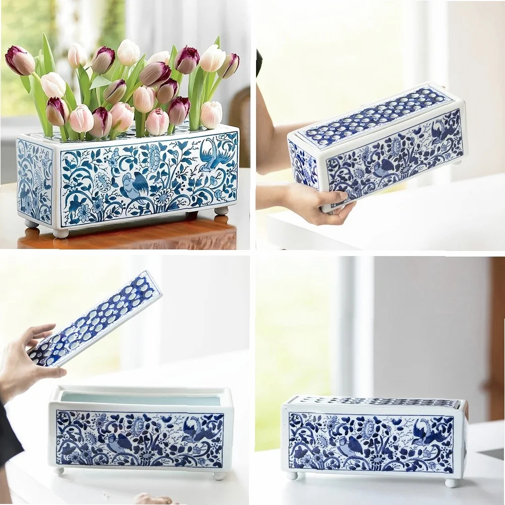 Blue and White Porcelain Flowerpot Square Flower-arranging Vessel Flower Vase Chinese Retro Style Home Decoration Accessories