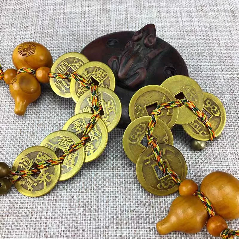 Brass Five Emperor Coin hanging, Peach Wood Gourd Copper Coin Bagua Mirror Portable Ornament, Lucky Feng Shui Supplies