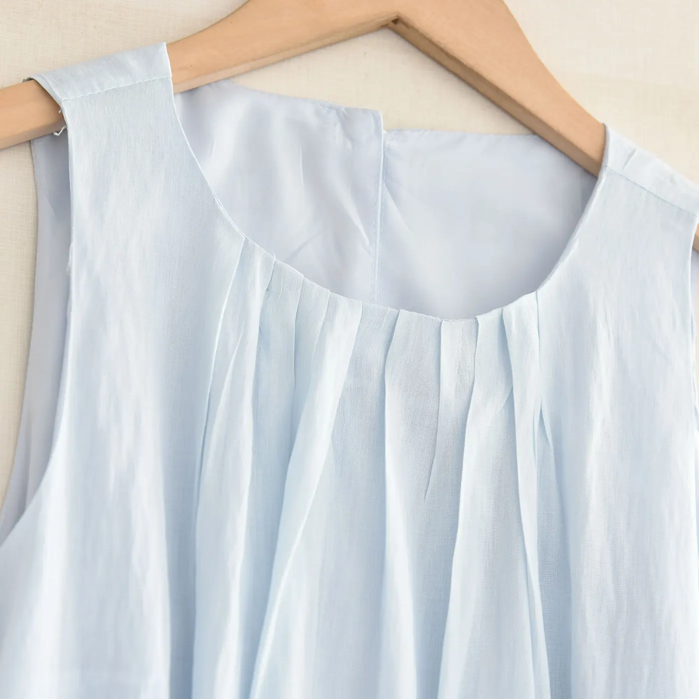 Elegant Blue Sleeveless Vest Dress round Neck Drawstring Waist Slimming Simple Style Summer New Arrival Women's Daily Wear
