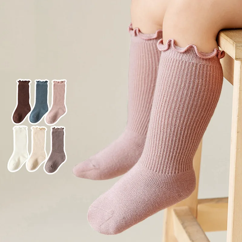 

Baby Girls Boys Long Socks Stockings Fall Winter Princess Solid Color Breathable Frills Loose Mouth Socks Knee-High Socks