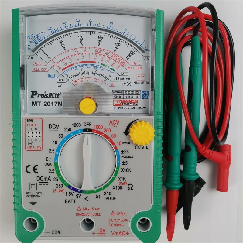 Pro\'sKit-multímetro analógico, MT-2017, función protectora estándar de seguridad, medidor de prueba de ohmios, corriente de voltaje CC CA, Original