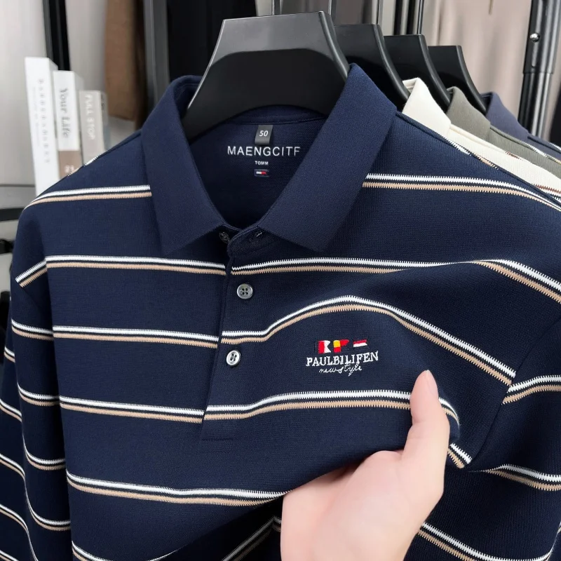 

Роскошная брендовая мужская рубашка-поло с длинными рукавами и лацканами в полоску на пуговицах с вышивкой букв, новые зимние топы, деловая повседневная популярная мужская одежда