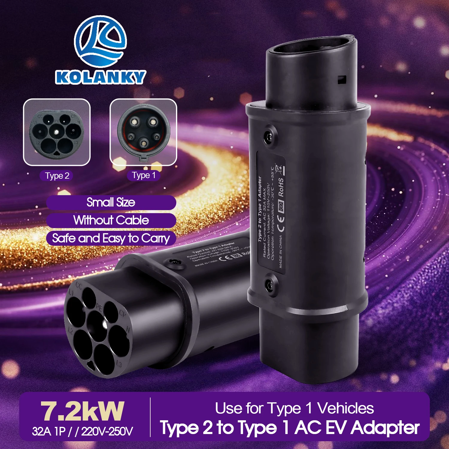 Kolanky EV Charger Adapter Type 2 to Type 1 32A 7.2KW Single Phase J1772 Converter for Electric Vehicle AC Charging Portable