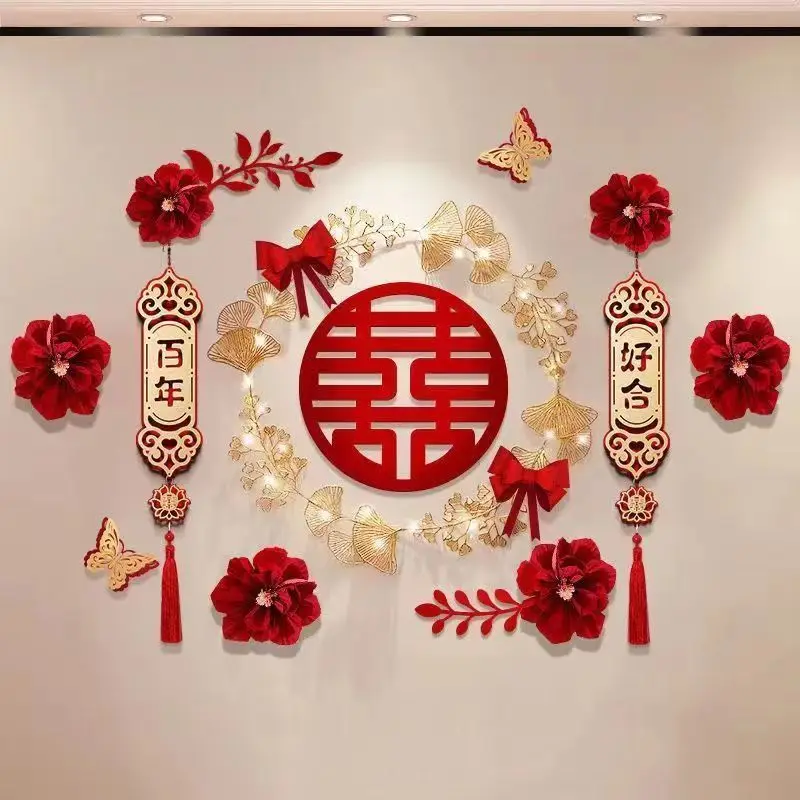 DIY Chinese Happy Wedding Room 3D Red Flower Decor Bedroom TV Background Window Wall Engagement Party Decoration